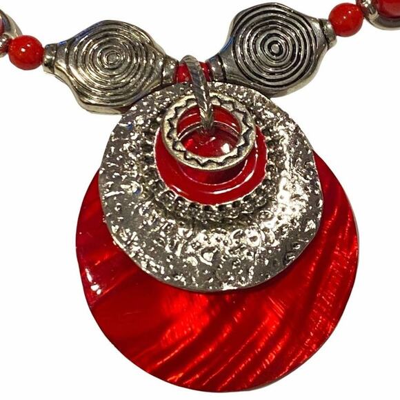Zevar by Treska Red Silver Statement Pendant Beaded Choker Necklace Boho Art - Picture 5 of 7